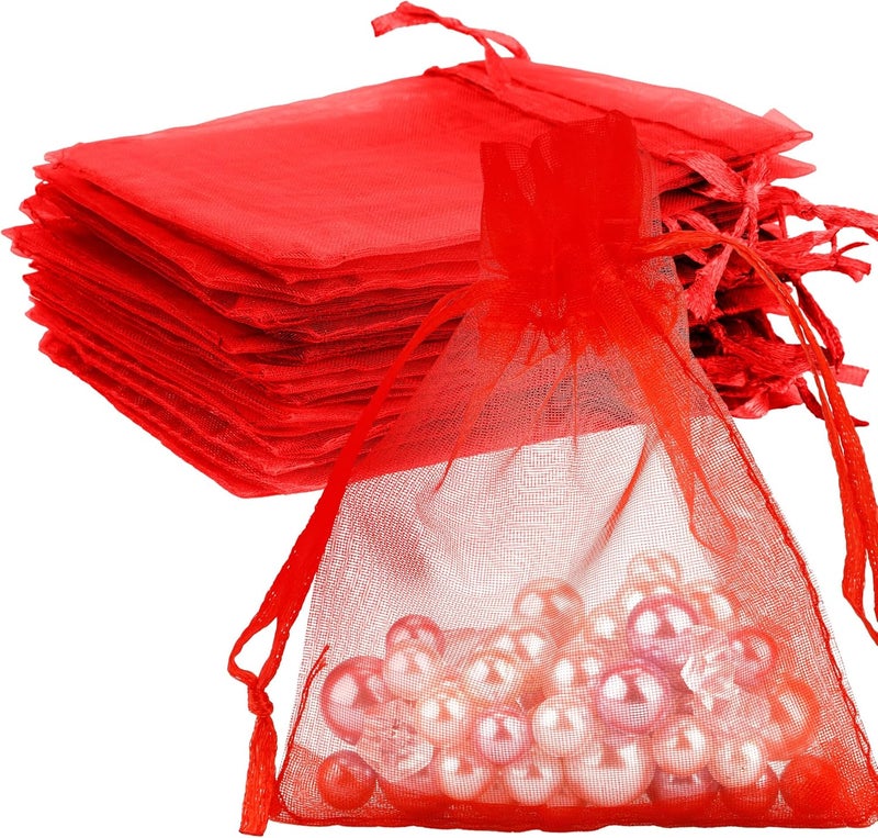 BOEIAC Red Organza Bags - 50 Pcs, Sheer 4 x 6 Inch, Jewelry & Party Favor Bags with Drawstring, Mesh Gift Pouches for Wedding & Valentine's Day - Image 1